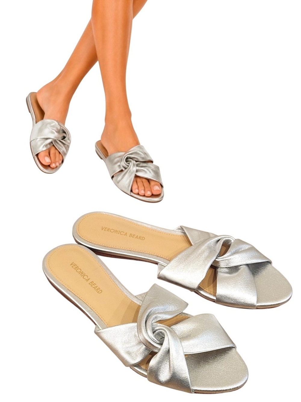 NWOT Veronica Beard Seraphina Silver Leather Twist Knot Flat Slide Sandals Sz 6